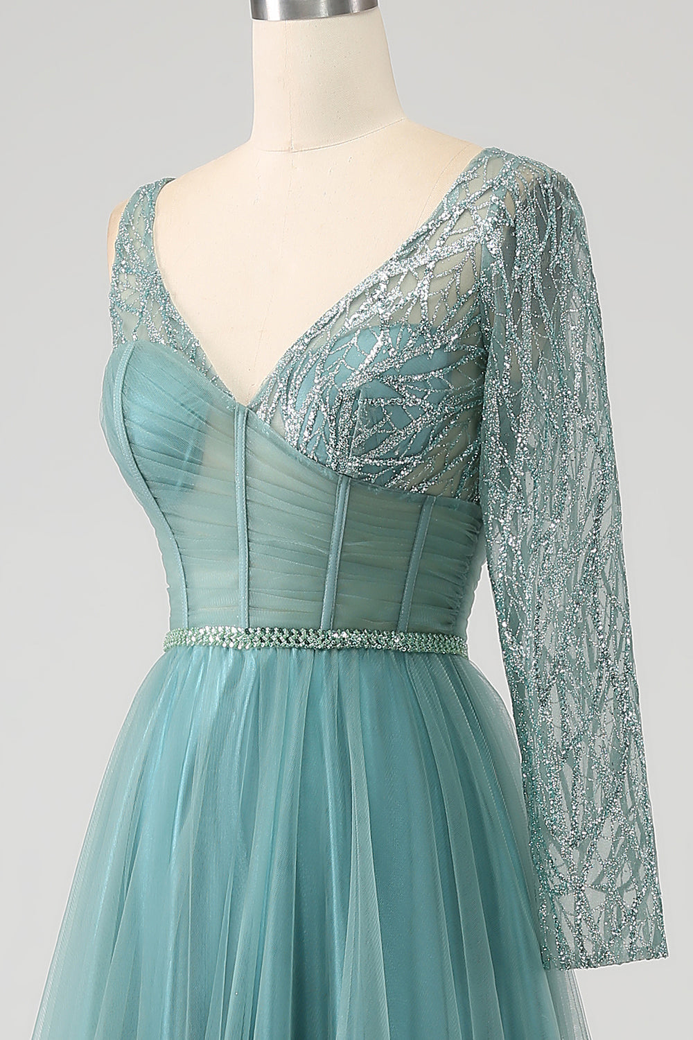 Graues grünes glitzerndes Pailletten Ballkleid mit Pailletten in A-Linie