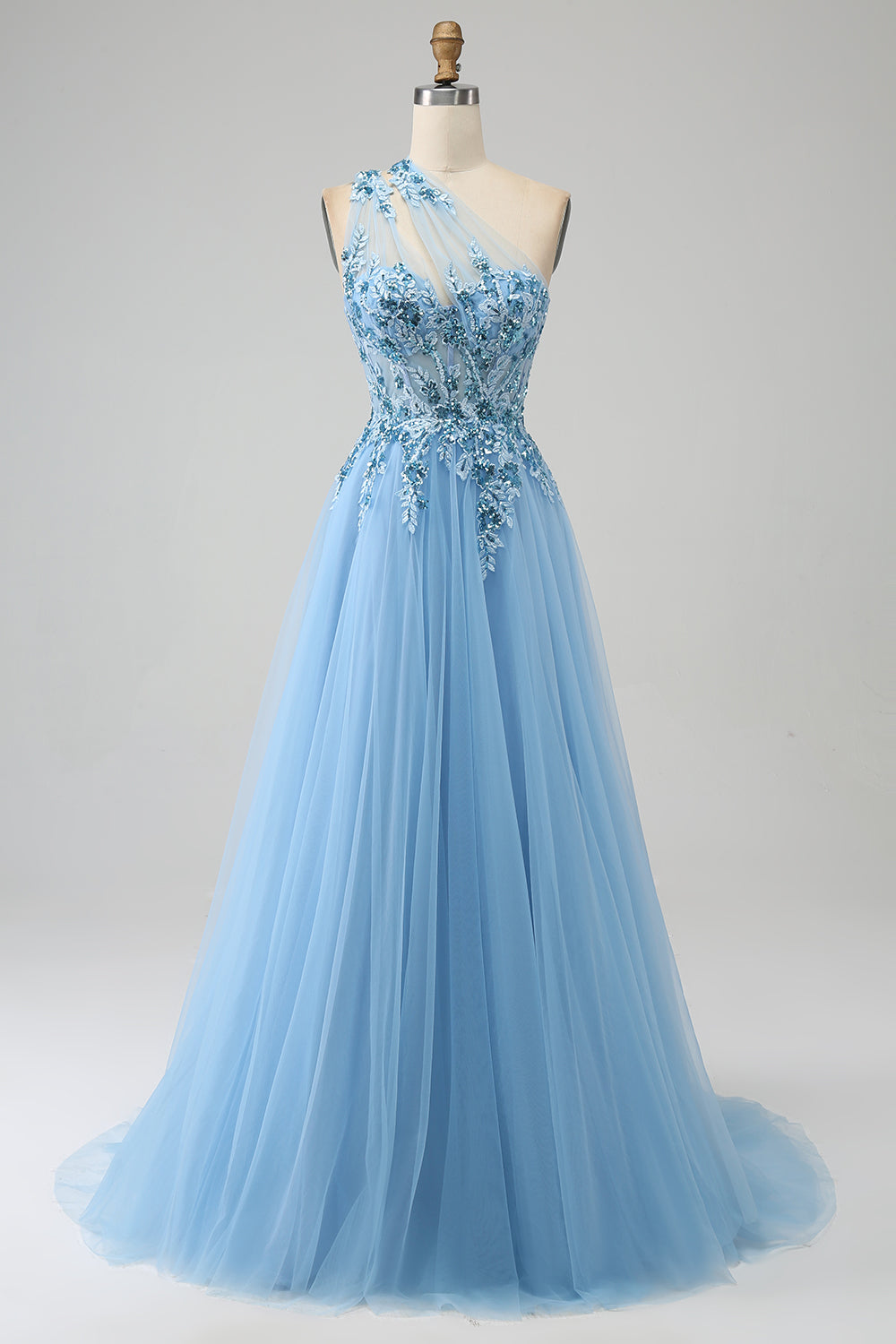 Hellblaues A-Linie Pailletten Ballkleid mit Pailletten und Applikationen