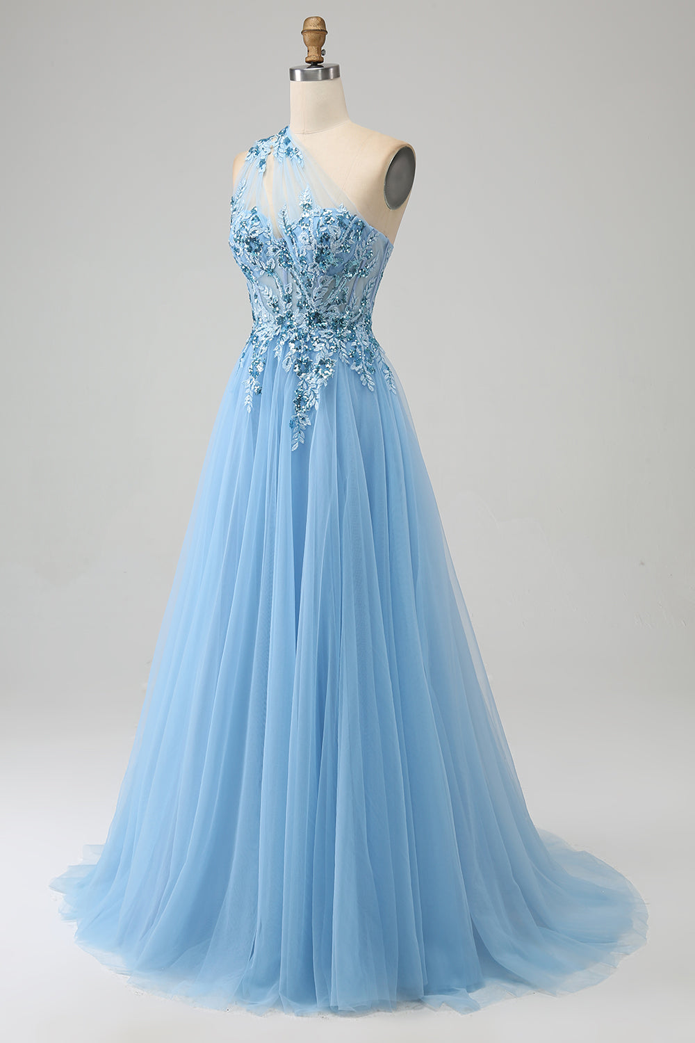 Hellblaues A-Linie Pailletten Ballkleid mit Pailletten und Applikationen