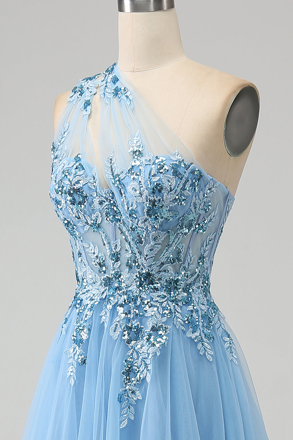 Hellblaues A-Linie Pailletten Ballkleid mit Pailletten und Applikationen
