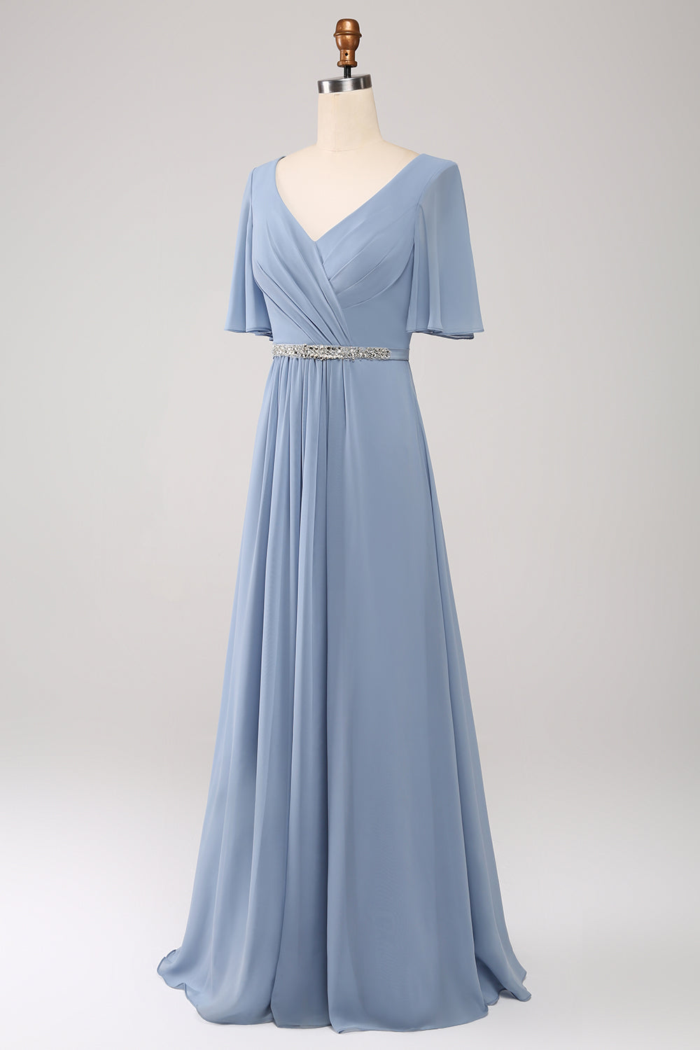 A-Linie Chiffon Staubblaues langes Brautjungfernkleid mit perlenbesetzter Taille