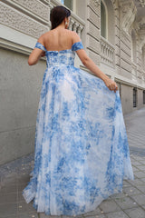 Weiß Blau Blume Schulterfreies Langes Brautjungfernkleid mit Schlitz