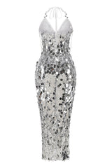 Silbernes Etui Neckholder V-Ausschnitt Pailletten Quaste Partykleid