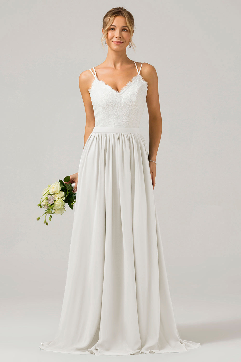 Eukalyptus Grünes Boho Chiffon Langes Brautjungfernkleid mit offenem Rücken und Spitze
