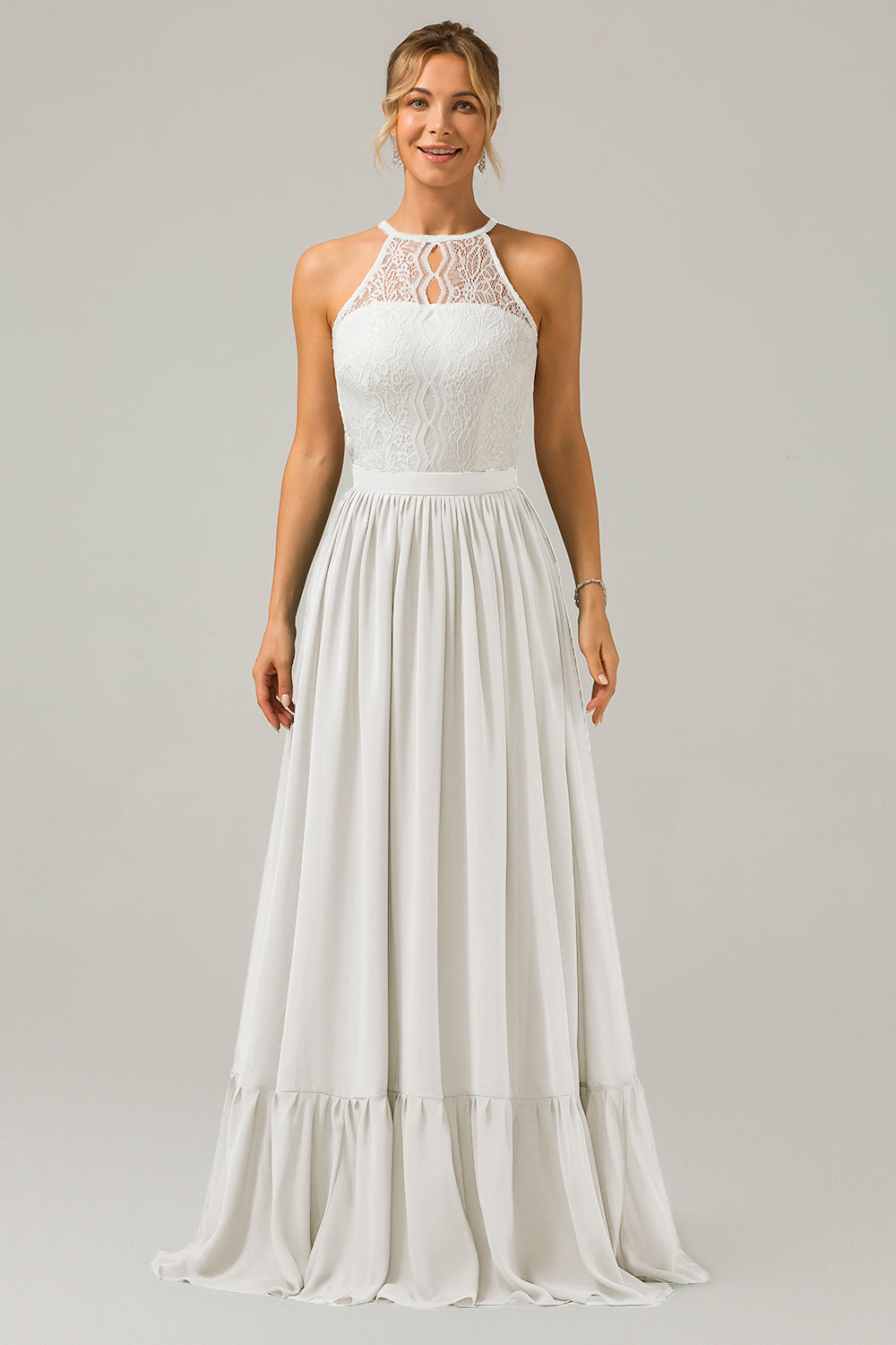Eukalyptus Schlüsselloch Boho Chiffon Langes Brautjungfernkleid mit Spitze