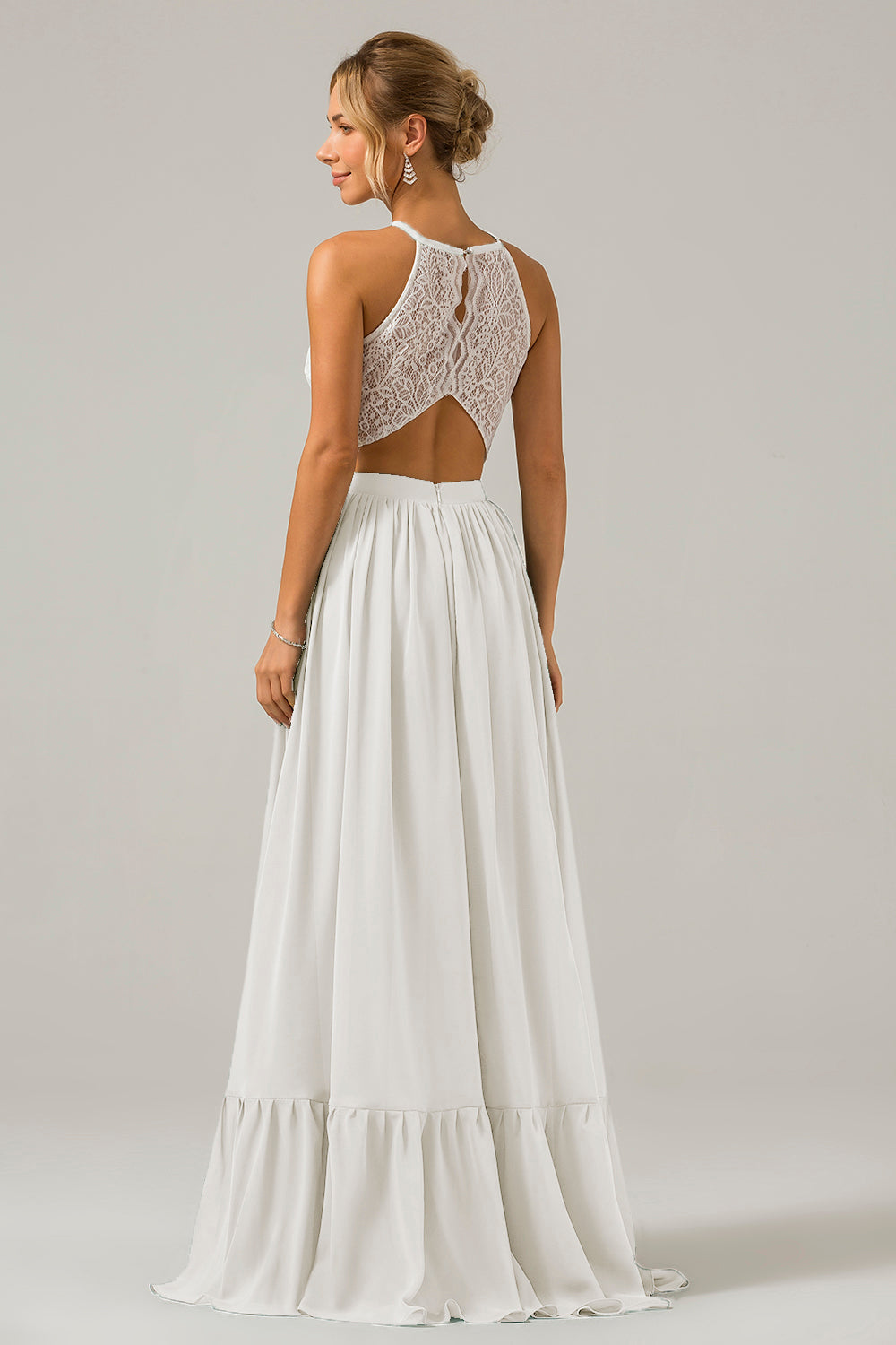 Eukalyptus Schlüsselloch Boho Chiffon Langes Brautjungfernkleid mit Spitze