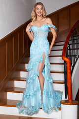Stilvolles schulterfreies himmelblaues Spitze Ballkleid mit Rüschen