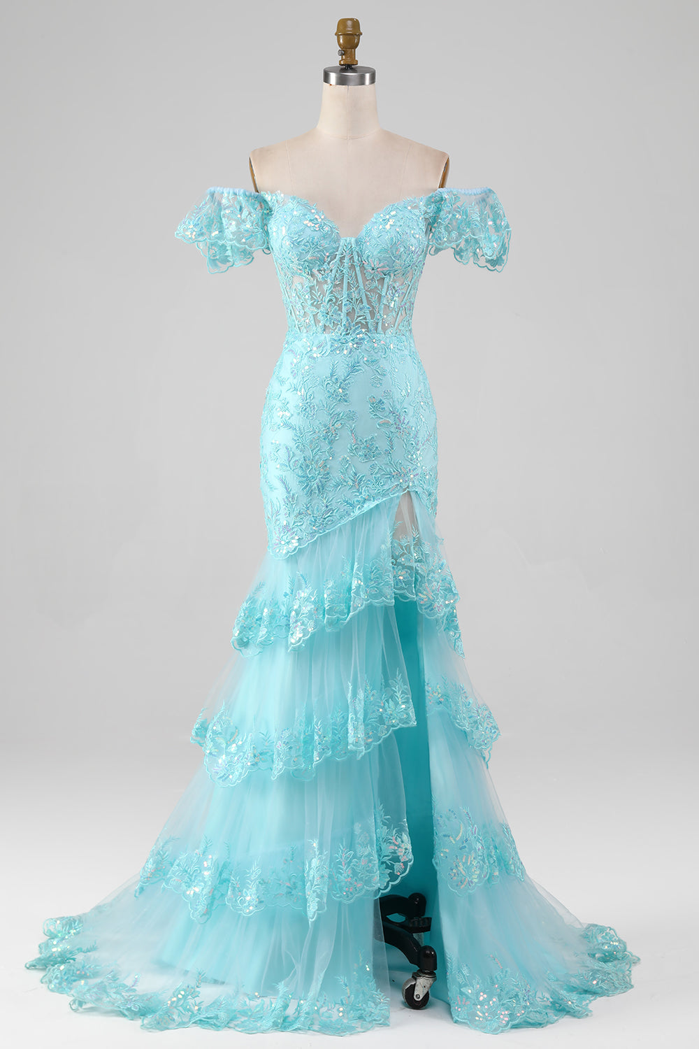 Himmelblaues schulterfreies Kleid aus Spitze und Pailletten Meerjungfrau mit Schlitz