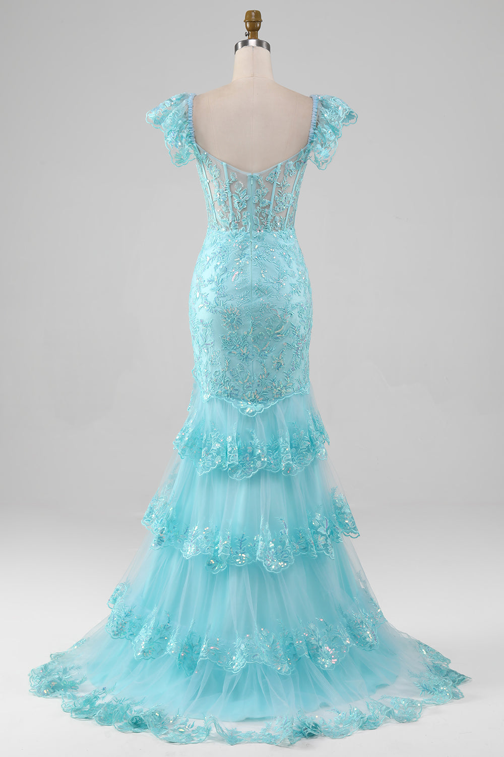 Himmelblaues schulterfreies Kleid aus Spitze und Pailletten Meerjungfrau mit Schlitz