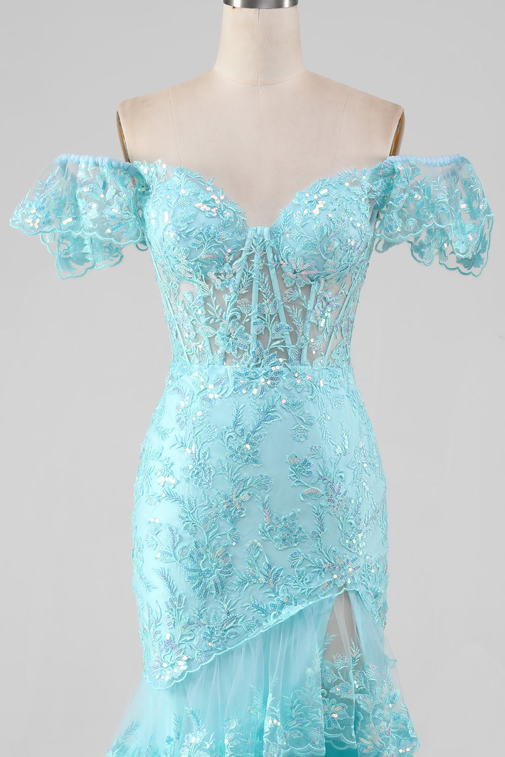 Himmelblaues schulterfreies Kleid aus Spitze und Pailletten Meerjungfrau mit Schlitz