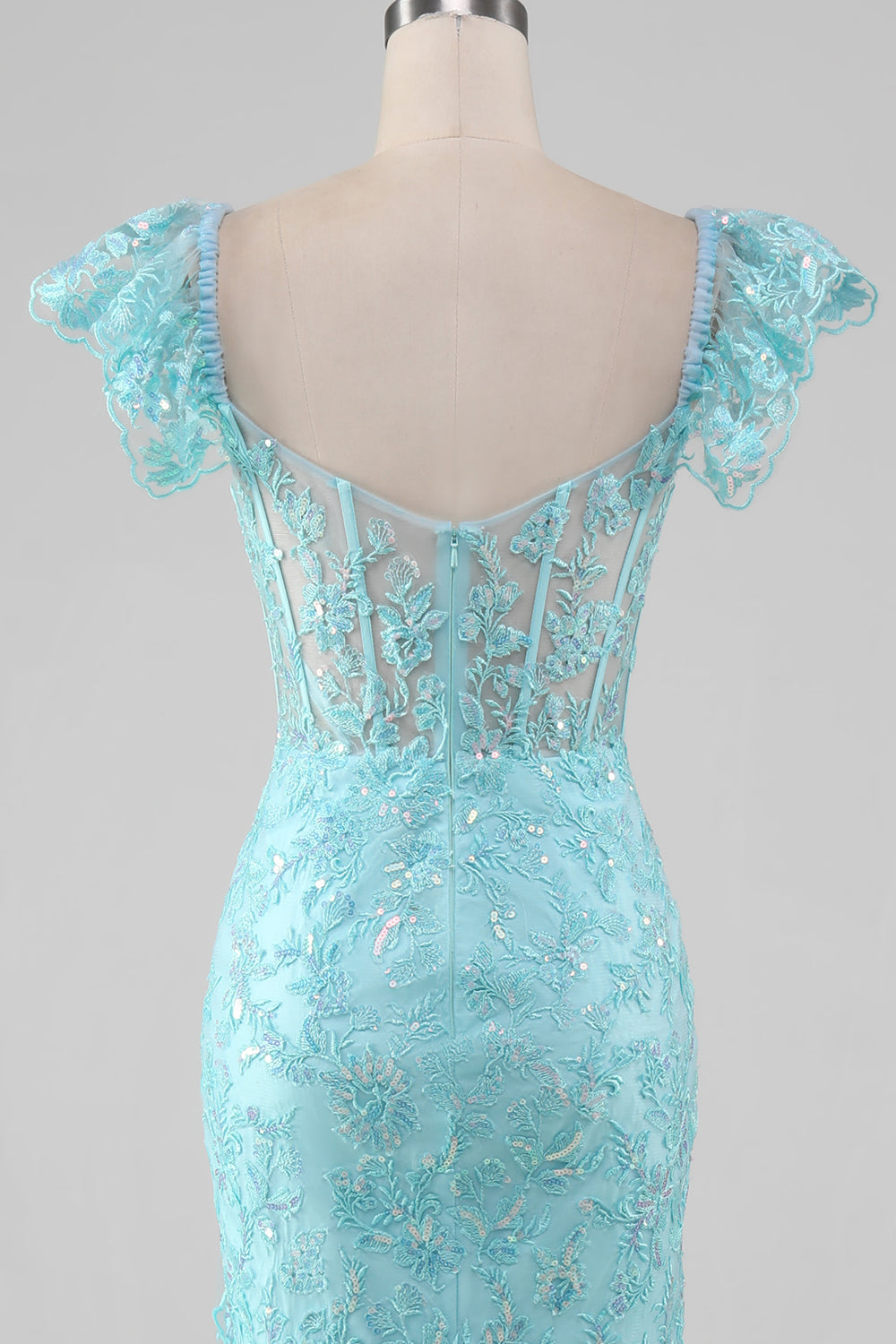 Himmelblaues schulterfreies Kleid aus Spitze und Pailletten Meerjungfrau mit Schlitz