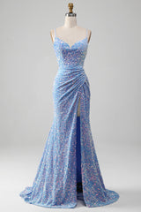 ZAPAKA Damen Glitzerndes Pailletten Hellblaues Ballkleid mit Schlitz Meerjungfrauen Spaghettiträger Partykleid