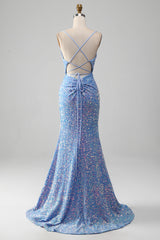 Funkelndes Hellblaues Meerjungfrau Pailletten Ballkleid mit Schlitz