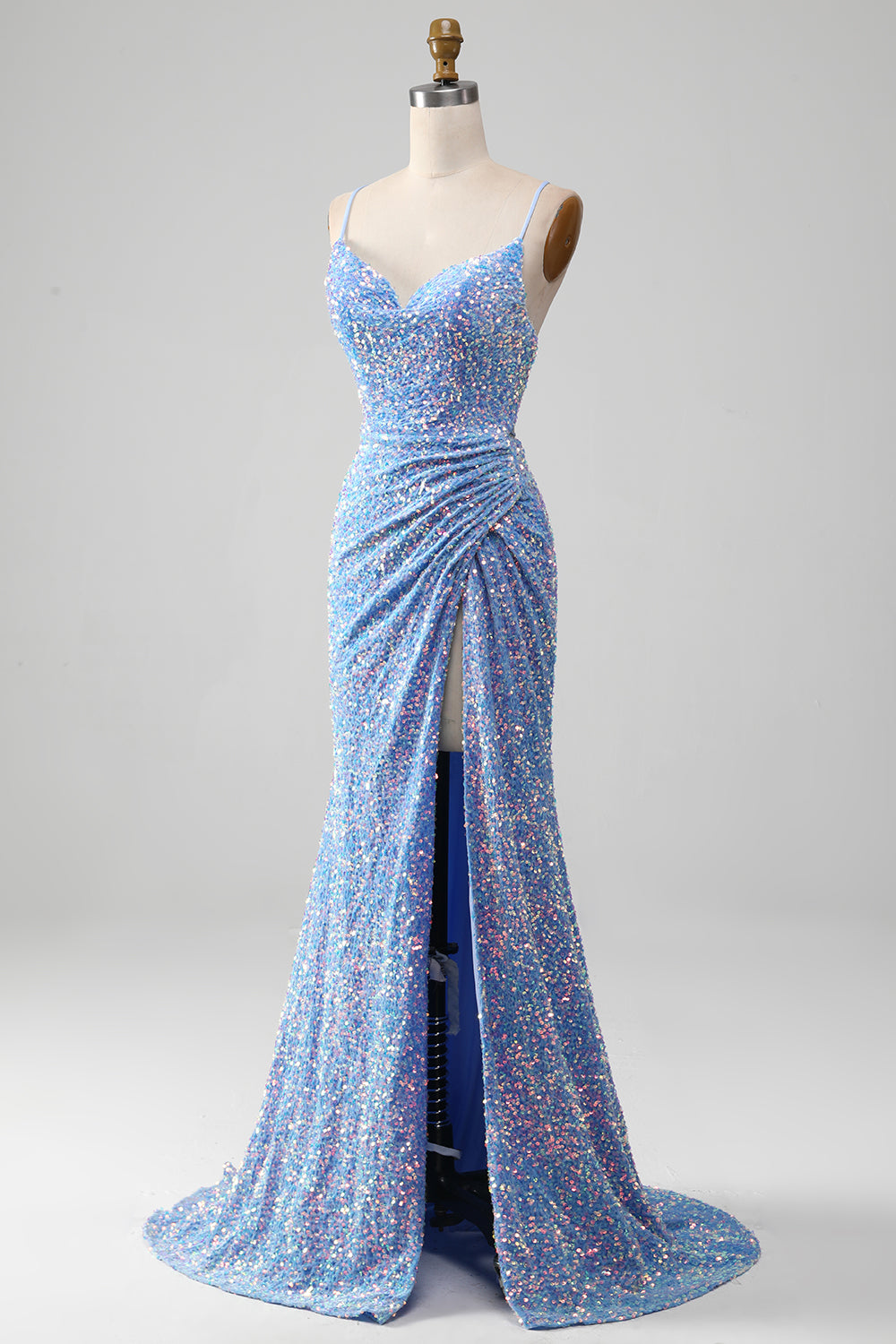 Funkelndes Pailletten Meerjungfrau Hellblaues Ballkleid mit Schlitz