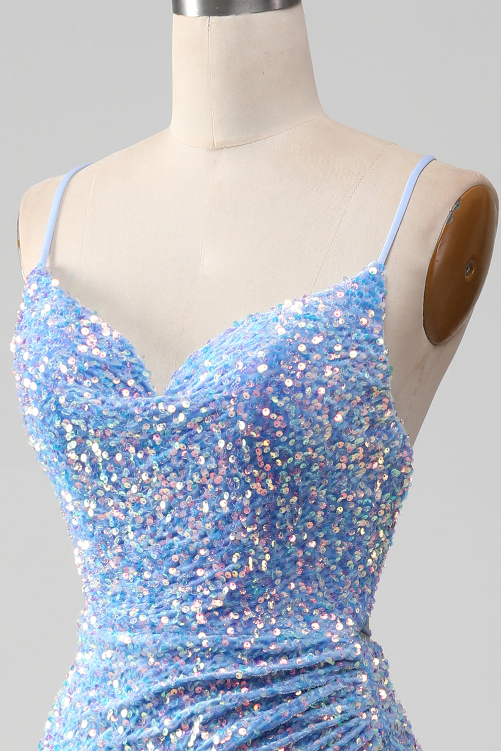 Funkelndes Pailletten Meerjungfrau Hellblaues Ballkleid mit Schlitz