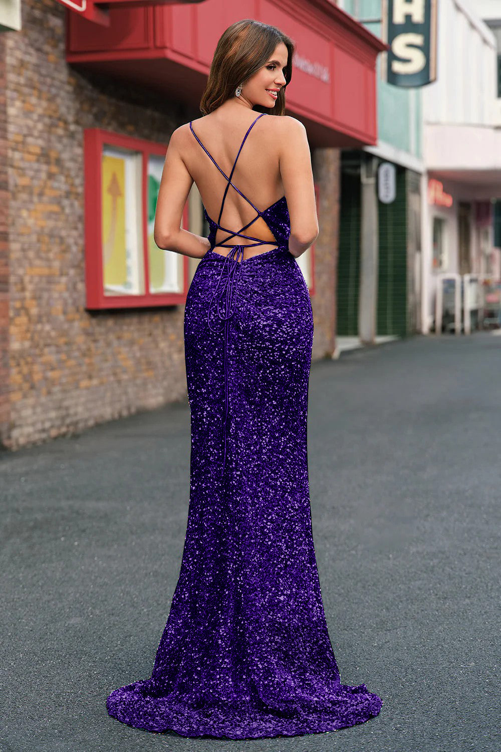 Funkelndes Pailletten Meerjungfrau Hellblaues Ballkleid mit Schlitz