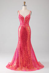 Funkelndes Mermaid Fuchsia Ballkleid mit Pailletten