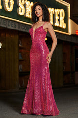 Meerjungfrau Spaghettiträger Fuchsia Pailletten Korsett Abendkleid