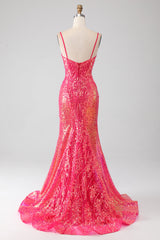 Funkelndes Mermaid Fuchsia Ballkleid mit Pailletten
