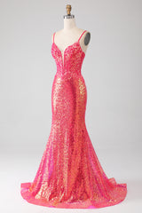 Funkelndes Mermaid Fuchsia Ballkleid mit Pailletten