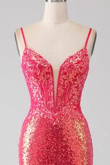 Funkelndes Mermaid Fuchsia Ballkleid mit Pailletten