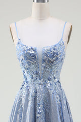 Glitzer A-Linie Spaghettiträger Grau Blau Ballkleid
