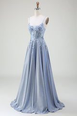 Glitzer A-Linie Spaghettiträger Grau Blau Ballkleid