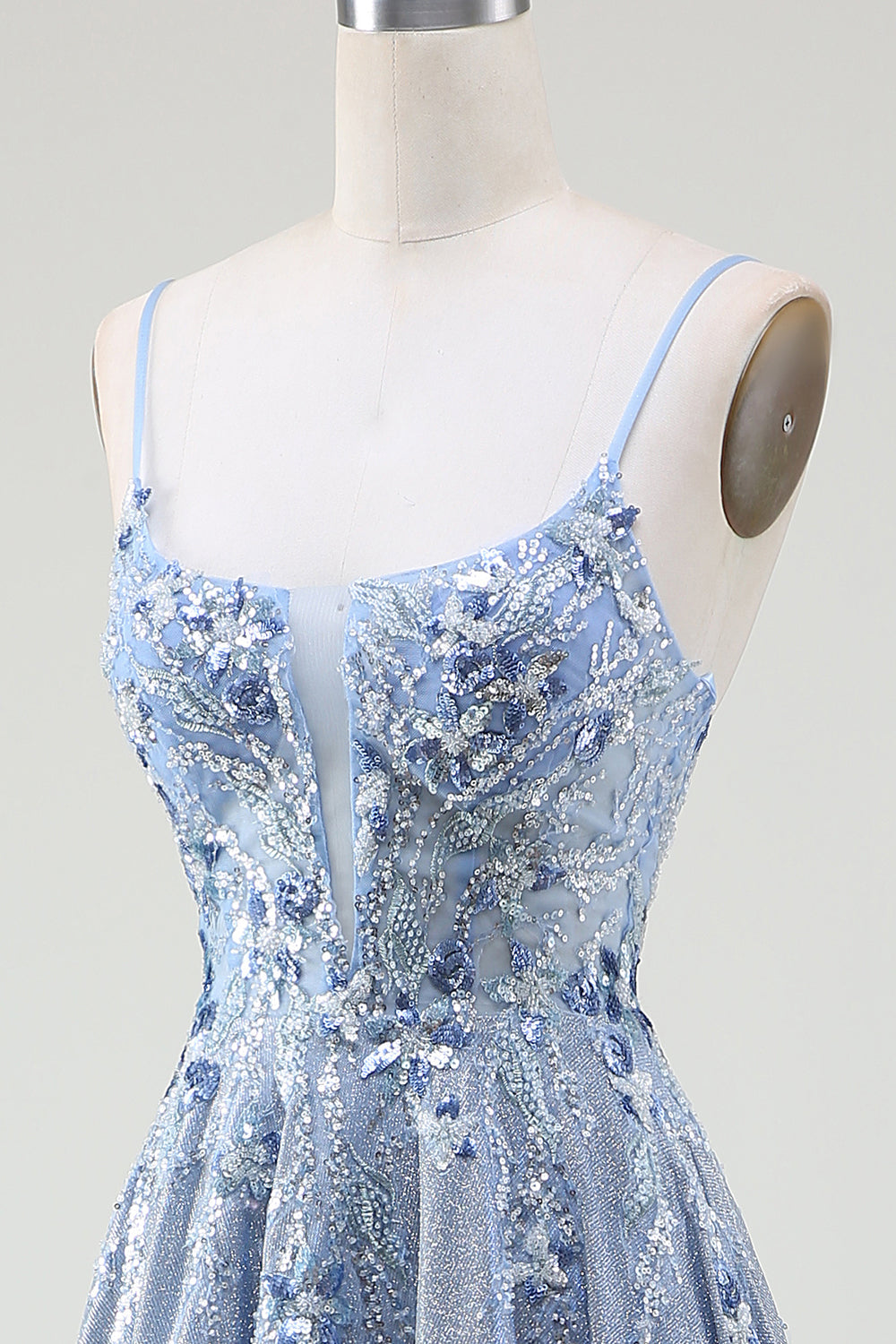 Glitzer A-Linie Spaghettiträger Grau Blau Ballkleid