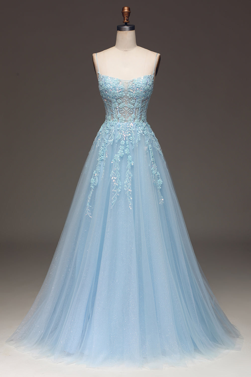 A Linie Hellblaues Pailletten Spaghettiträger Ballkleid mit Applikationen