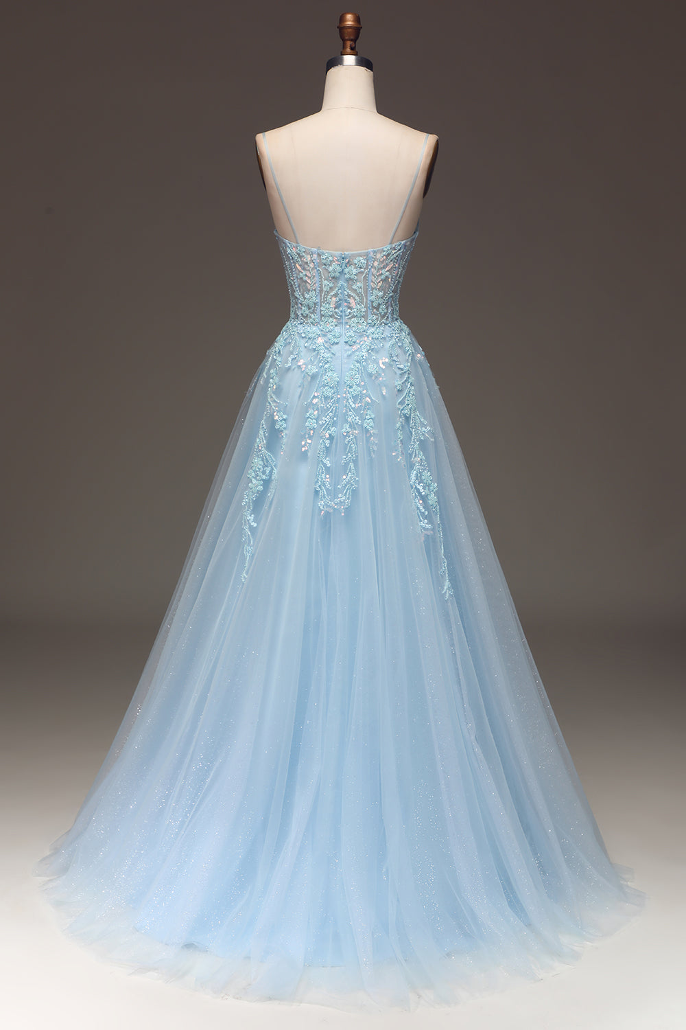 A Linie Hellblaues Pailletten Spaghettiträger Ballkleid mit Applikationen