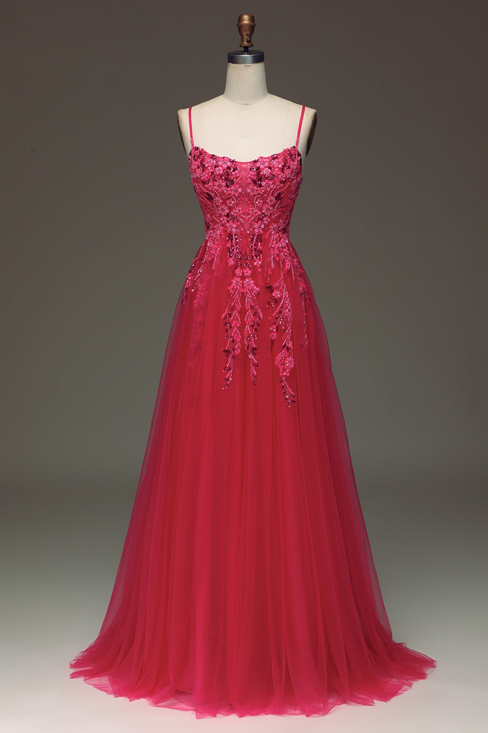 A Linie Hellblaues Pailletten Spaghettiträger Ballkleid mit Applikationen