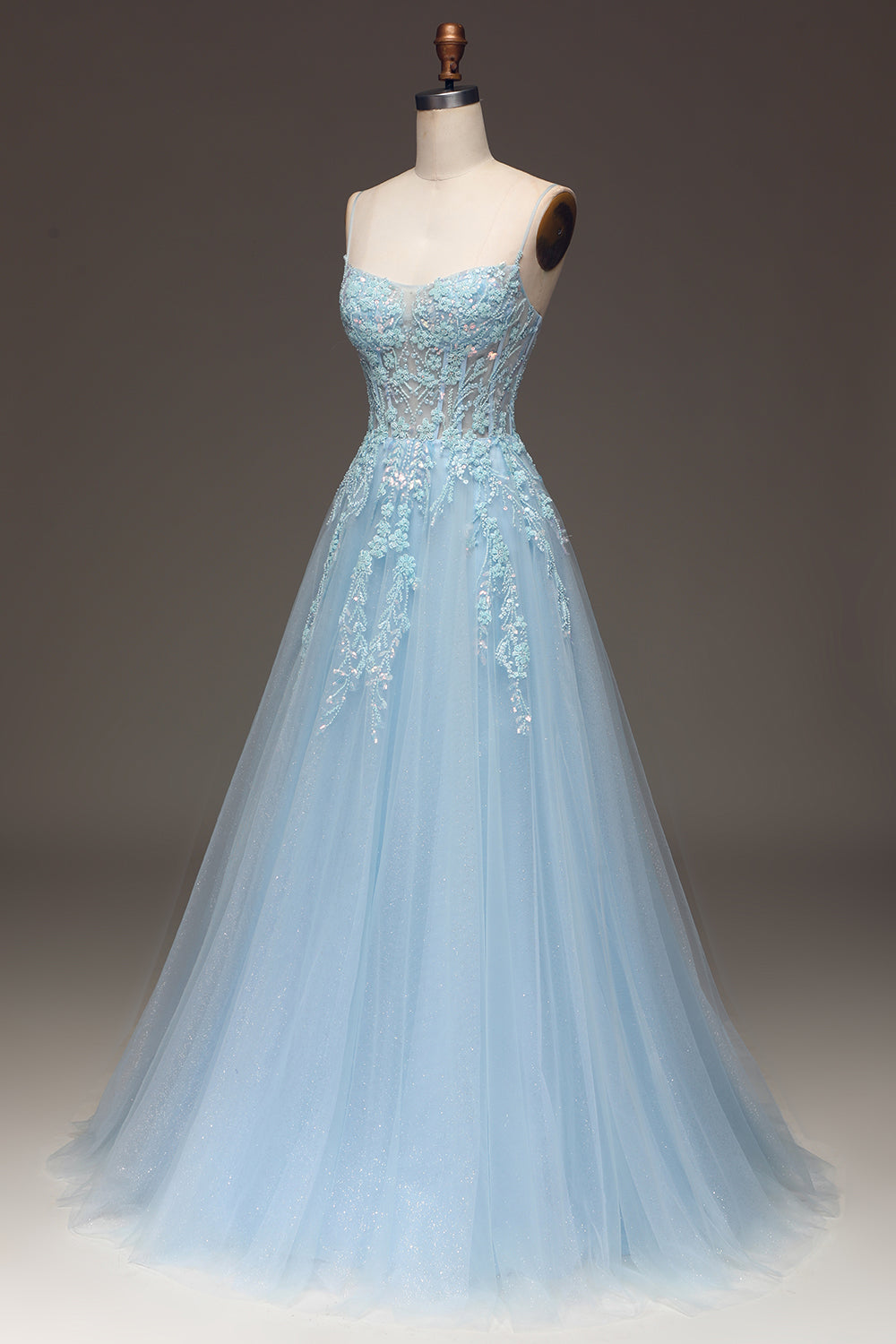 A Linie Hellblaues Pailletten Spaghettiträger Ballkleid mit Applikationen