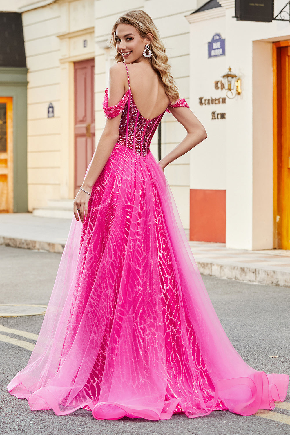 A-Linie Kalter Schulter Funkelndes Hot Pink Korsett Ballkleid mit Perlen