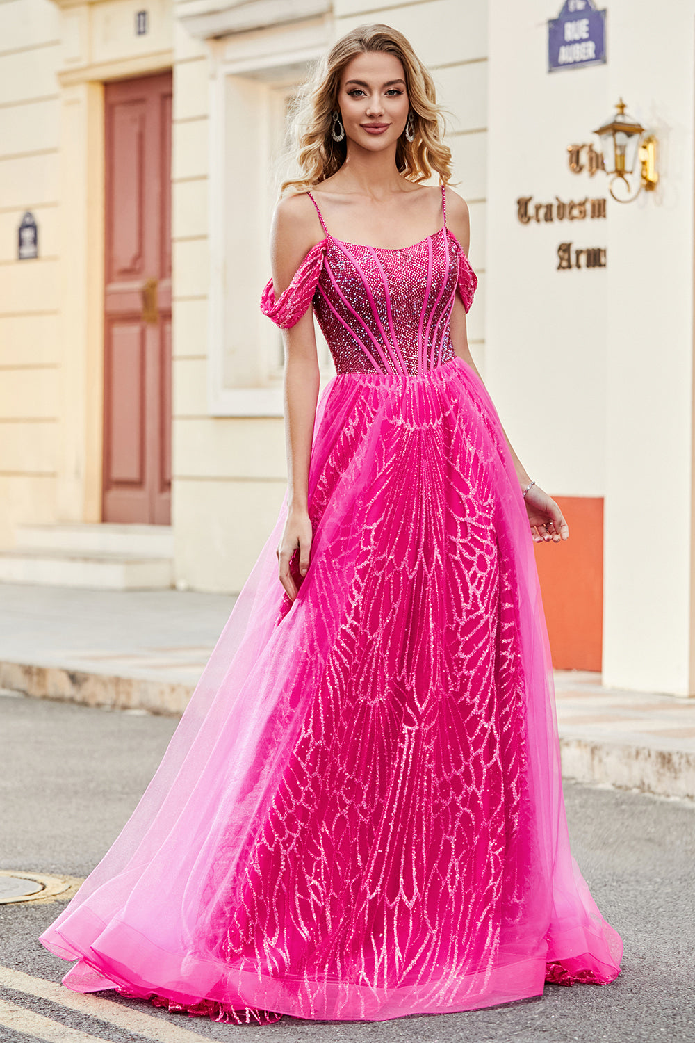 A-Linie Kalter Schulter Funkelndes Hot Pink Korsett Ballkleid mit Perlen