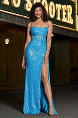 Meerjungfrauen Spaghettiträger blaues Korsett Ballkleid mit Schlitz