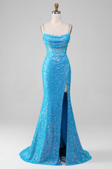 Spaghettiträger Blaues glitzerndes Korsett Ballkleid mit Schlitz