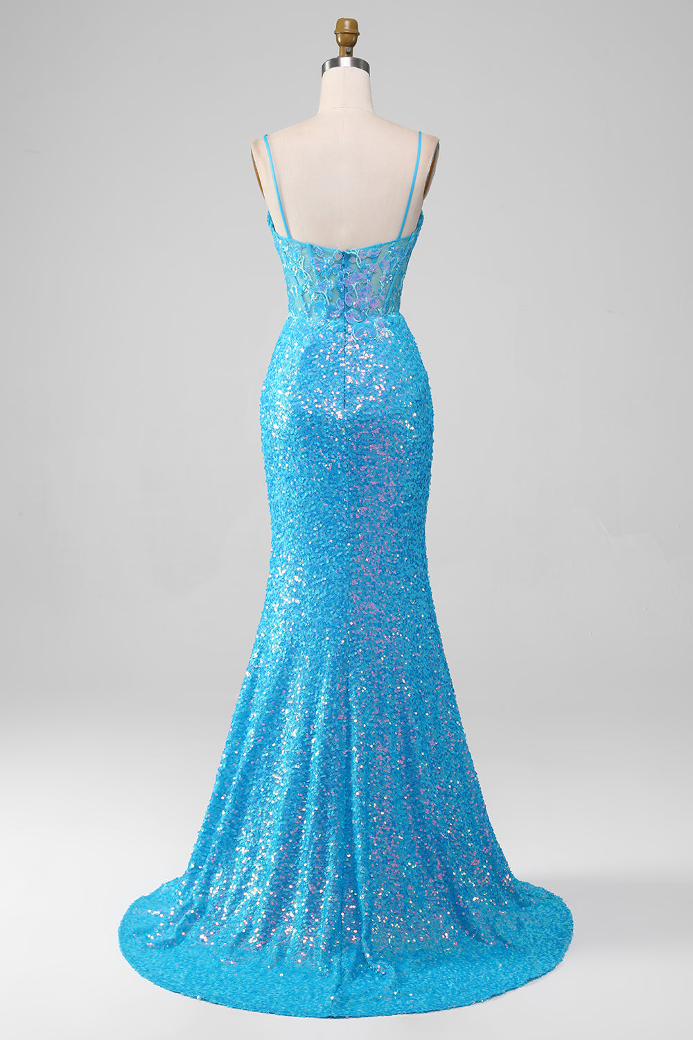 Spaghettiträger Blaues glitzerndes Korsett Ballkleid mit Schlitz