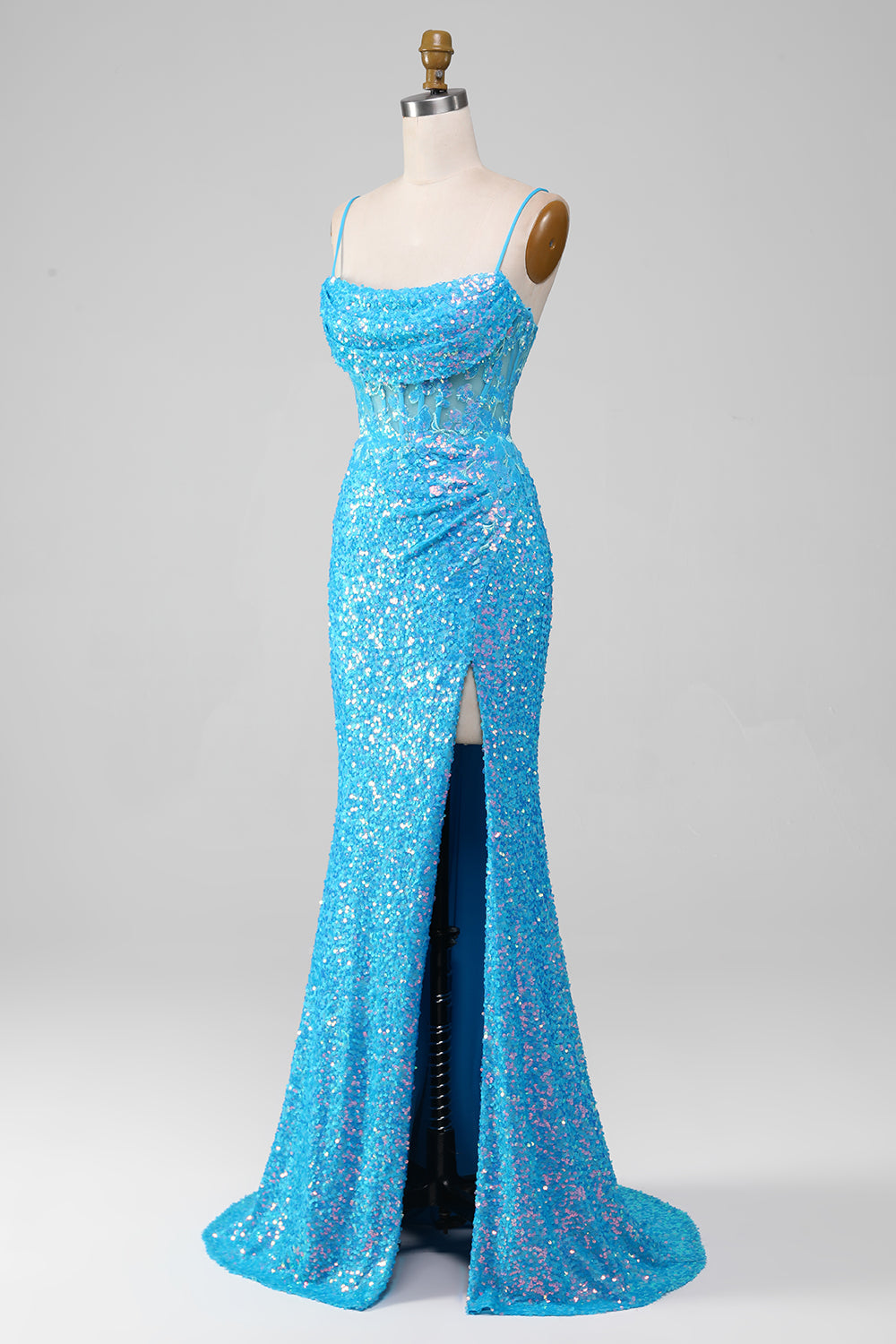 Spaghettiträger Blaues glitzerndes Korsett Ballkleid mit Schlitz
