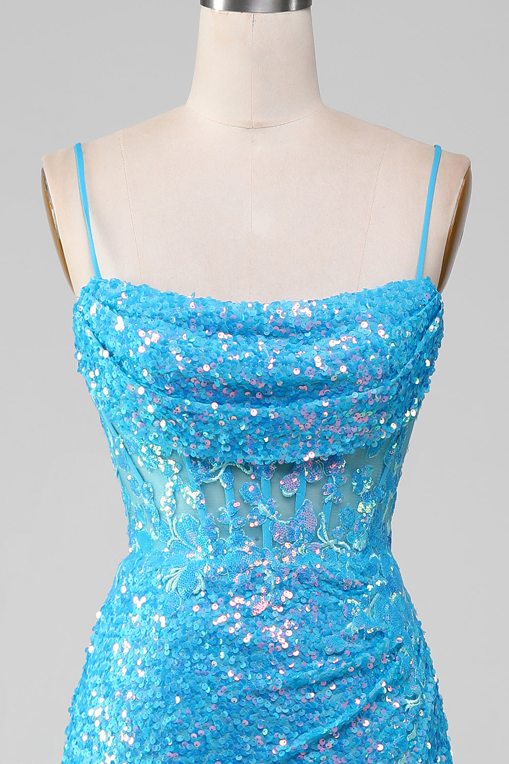 Spaghettiträger Blaues glitzerndes Korsett Ballkleid mit Schlitz
