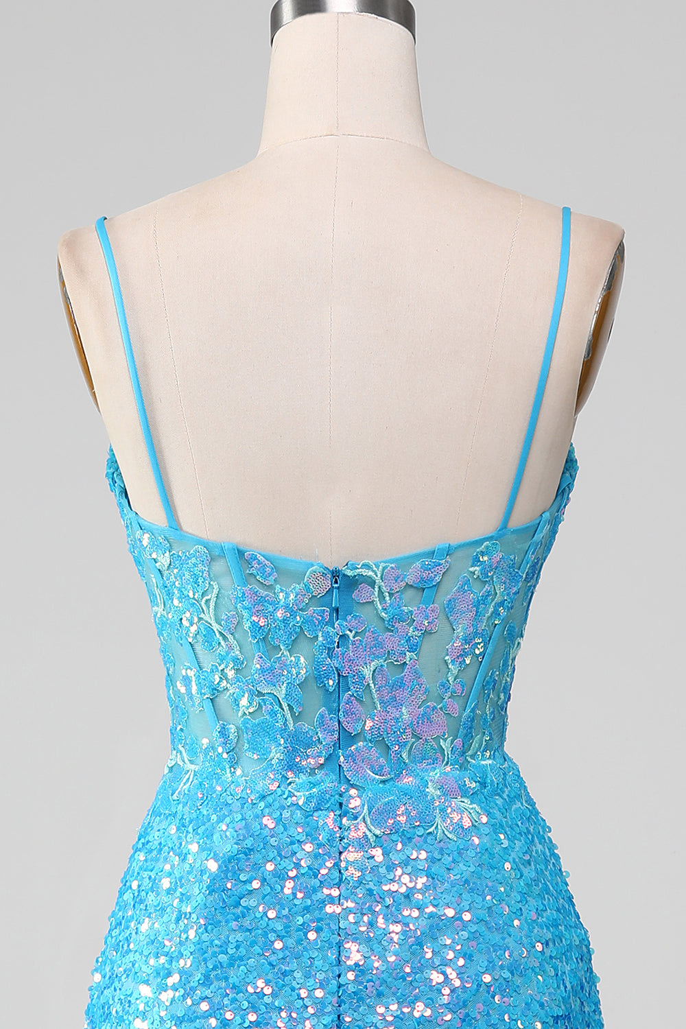 Spaghettiträger Blaues glitzerndes Korsett Ballkleid mit Schlitz