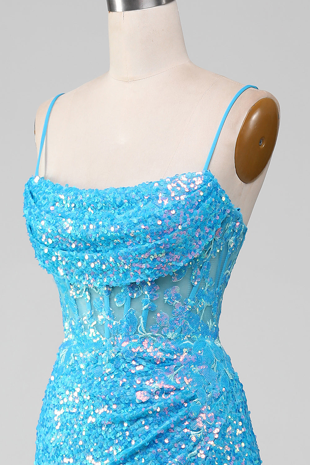 Spaghettiträger Blaues glitzerndes Korsett Ballkleid mit Schlitz