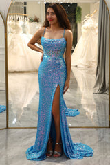 Spaghettiträger Blaues glitzerndes Korsett Ballkleid mit Schlitz