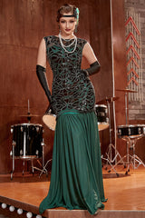 Dunkelgrünes langes Pailletten Flapperkleid aus den 1920er Jahren