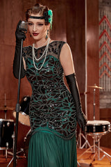 Dunkelgrünes langes Pailletten Flapperkleid aus den 1920er Jahren