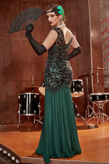 Dunkelgrünes langes Pailletten Flapperkleid aus den 1920er Jahren