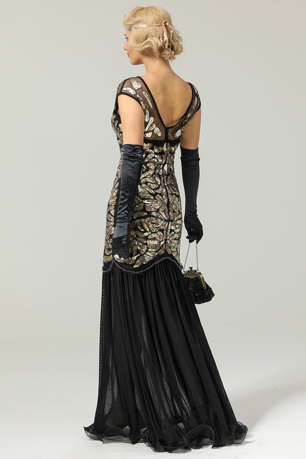 Dunkelgrünes langes Pailletten Flapperkleid aus den 1920er Jahren