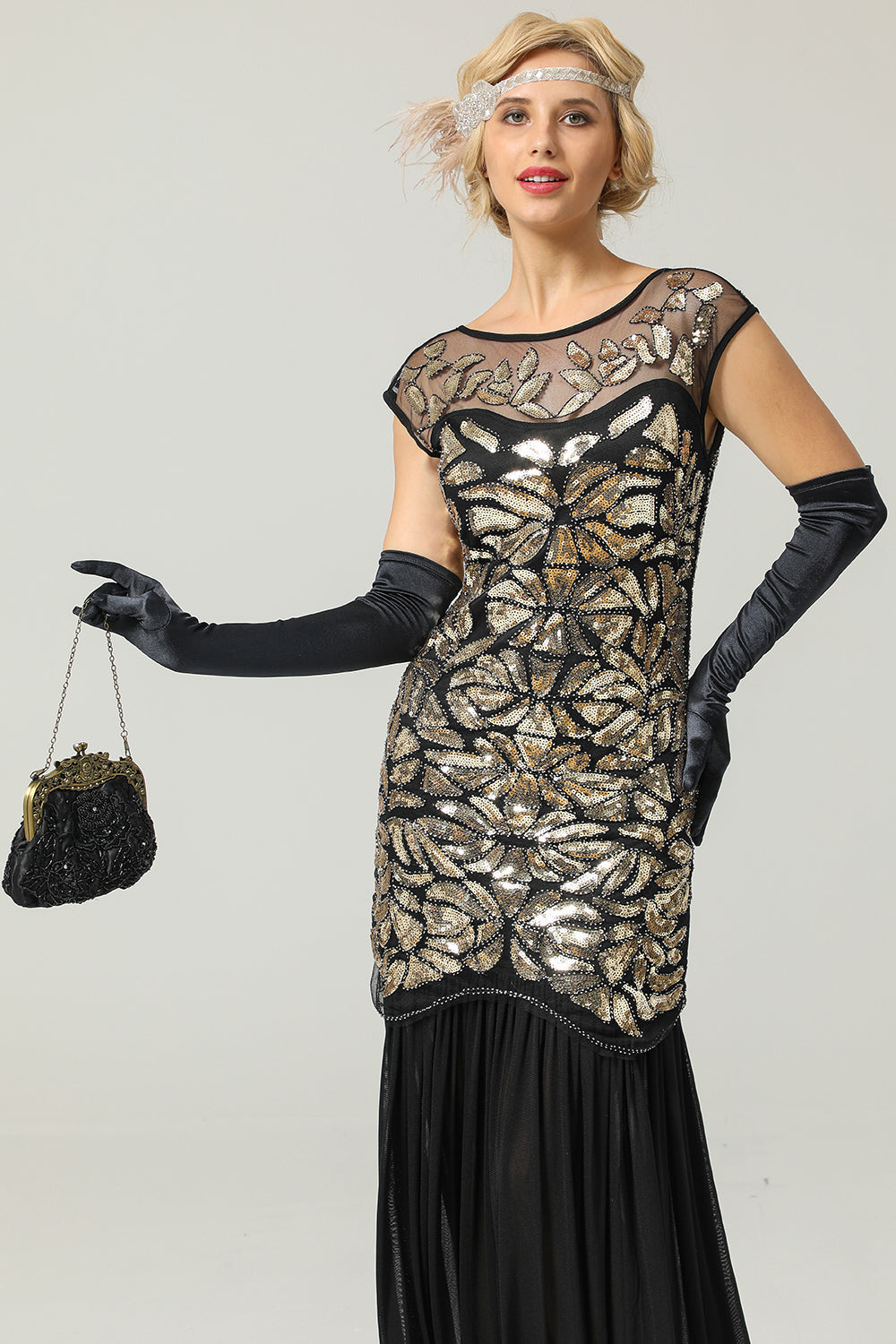 Schwarz 1920er Pailletten Flapper Kleid