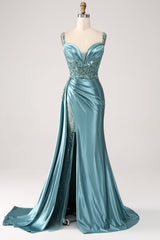 Zapaka Damen Blaues Ballkleid Meerjungfrau V-Ausschnitt Satin Langes Applikationen Pailletten Abendkleid mit Schlitz