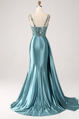Blaues Meerjungfrauen Satin V-Ausschnitt Langes Pailletten Ballkleid mit Schlitz
