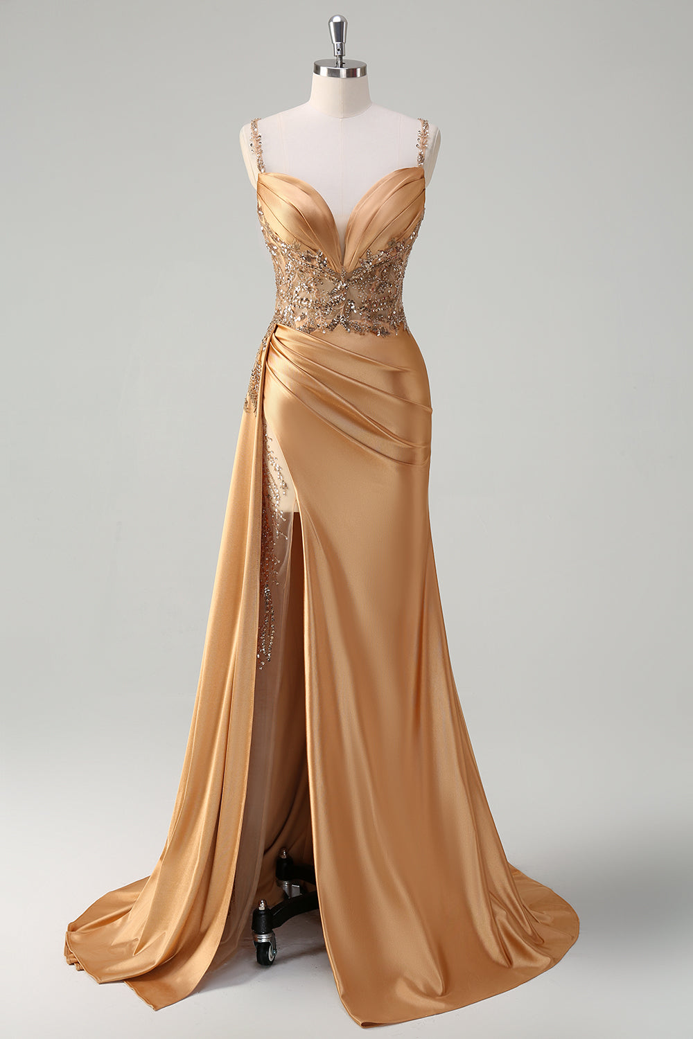 Blaues Meerjungfrauen Satin V-Ausschnitt Langes Pailletten Ballkleid mit Schlitz